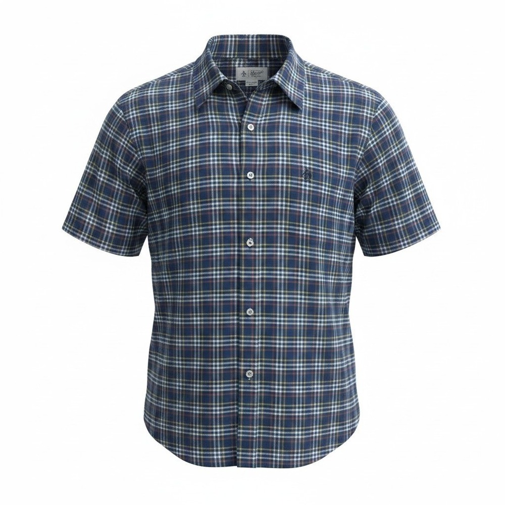 Original‎ Penguin Mens XXL Short Sleeve Plaid Button Down Shirt Blue Yellow Pink